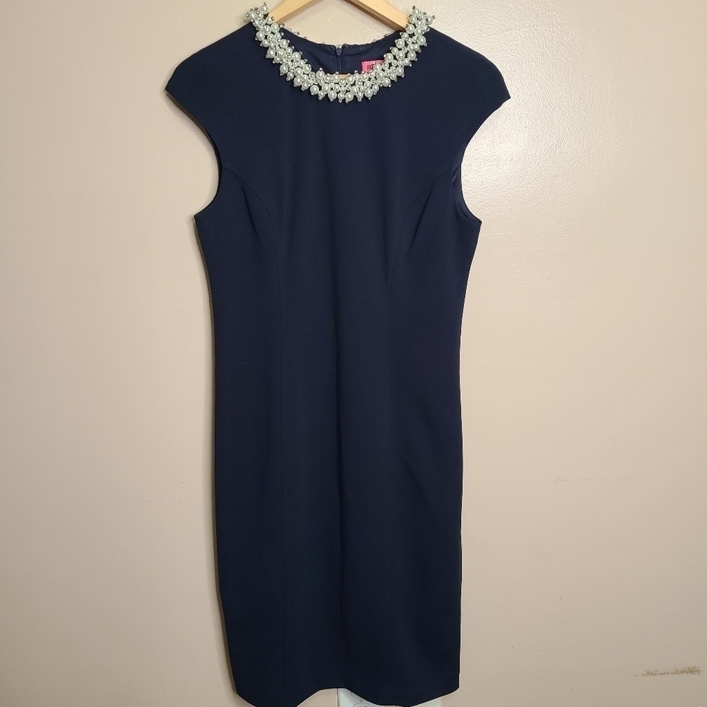 Betsey Johnson Navy Crepe Beaded Neckline Dress
